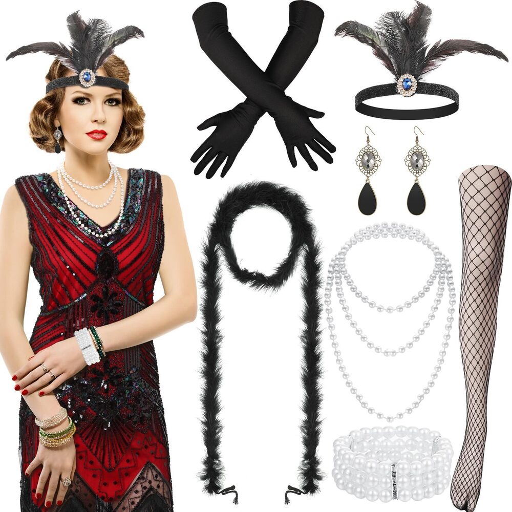 2174 9 Pcs 1920s Flapper Dress Costume Set, Vneck Sequin Beaded Swing